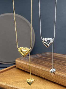 爱心吊坠项链 跨境简约立体桃心小众设计时尚不锈钢心形项链批发