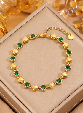 跨境欧美间隔镶钻爱心不锈钢手链女轻奢小众防过敏18k金钛钢手链