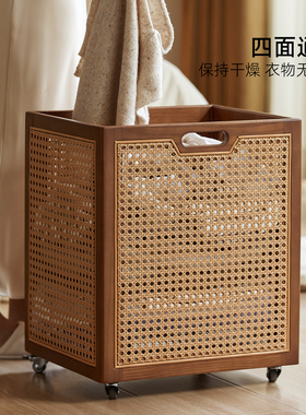藤编脏衣篓家用带盖收纳篮高颜卫生间脏衣篮大容量带轮衣服收纳筐
