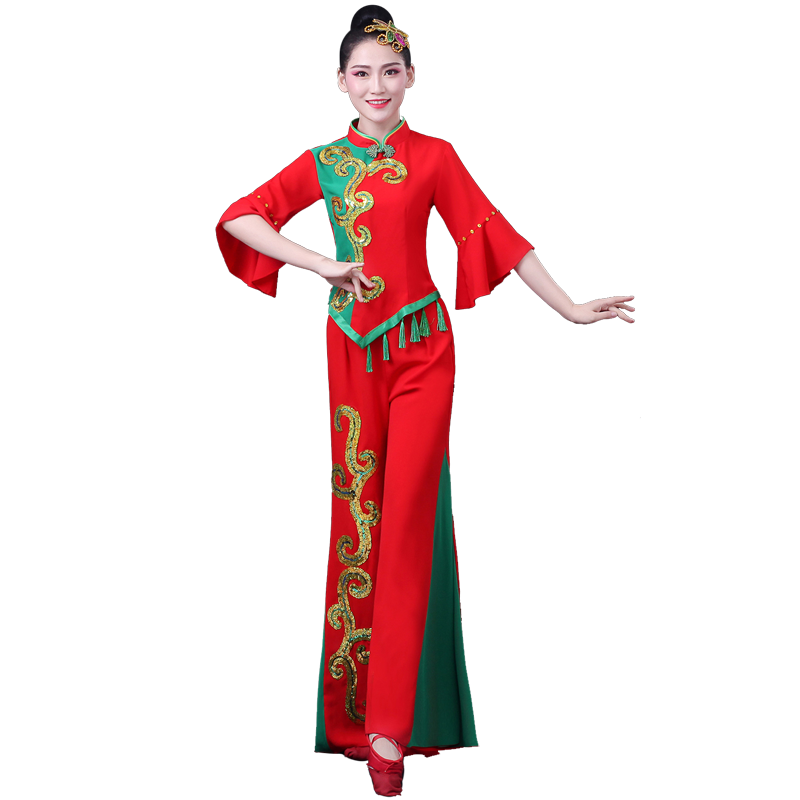 秧歌舞蹈服装演出服女2025新款中老年喜庆春秋广场手绢扇子舞套装