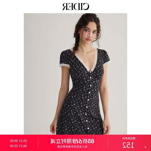 CIDER2026春季新品碎花V领蕾丝边高腰A字迷你连衣裙115285474