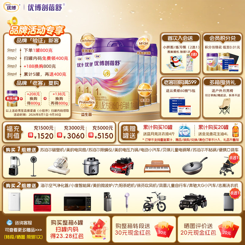 【+208元换购同品】圣元优博剖蓓舒1段婴幼儿牛奶粉800g6罐新生儿