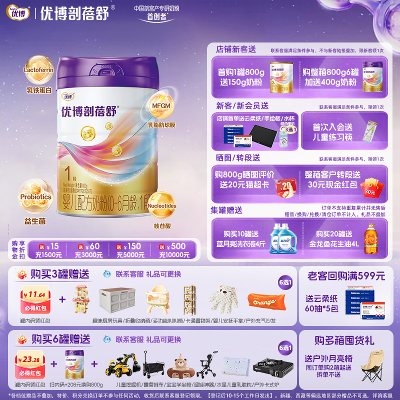 圣元优博剖蓓舒1段法国奶源婴幼儿牛奶粉800g乳铁蛋白新生儿正品