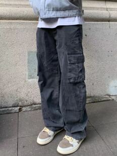 复古工装 潮牌裤 裤 黑色直筒裤 子 男高街休闲腰带牛仔裤 22TREE美式