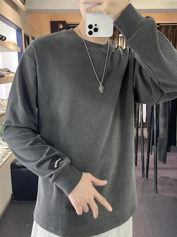 双面德绒打底衫男士秋冬季加厚保暖上衣服长袖t恤弧形下摆内搭潮