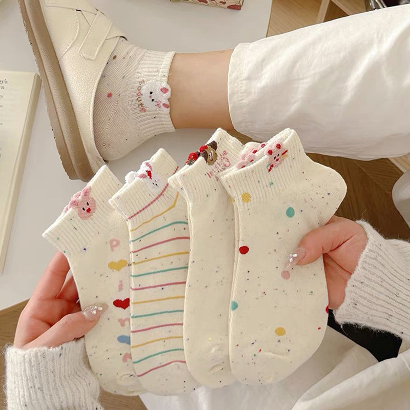 点子纱袜子女短袜春夏季薄款ins潮可爱卡通粉色小兔短筒浅口船袜