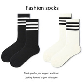 三条杠条纹袜子男女中筒袜春秋款 网红运动外穿配鲨鱼裤 黑白色长袜