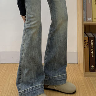 百搭胖mm显瘦小个子马蹄裤 女秋冬新款 子 复古加绒微喇叭牛仔裤 美式