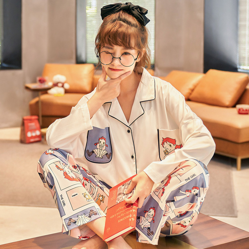 南极人睡衣女冰丝长袖春秋款韩版宽松家居服夏季仿真丝绸两件套装