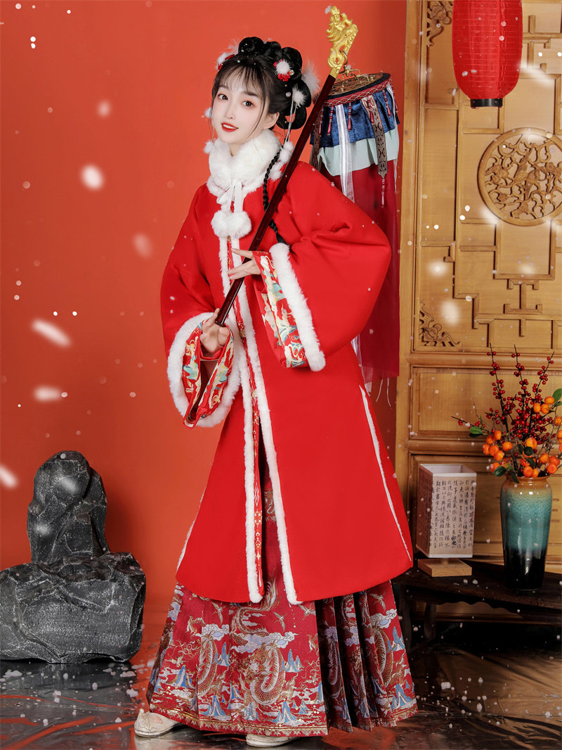 새로운 명나라 HANFU 여성의 가을 겨울 스타일 말 얼굴 치마 라운드 넥 더블 브레스트 롱 코트 국가 스타일 요소 고대 의상 일일 세트