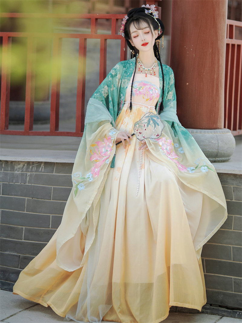 당나라 HANFU 여성 여름 요정 MYROBALAN 치마 중국 스타일 요소 중공업 자수 대형 소매 셔츠 일일 고대 의상 완료 세트