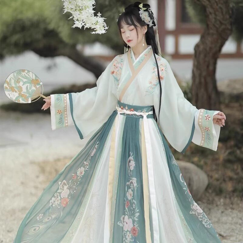HANFU 여성의 원래 정통 중국 스타일 자수 크로스 칼라 허리 길이 스커트 웨이와 진 왕조 봄과 가을 새로운 일상 의상