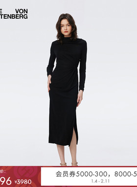 [小黑裙]DVF曜石黑纯色烟管领开衩连衣裙DL3S035