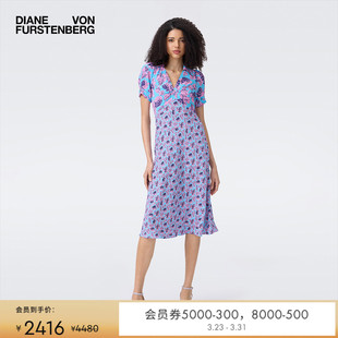 DVF度假香芋紫莓果图案V领短袖 茶歇裙DS2T014