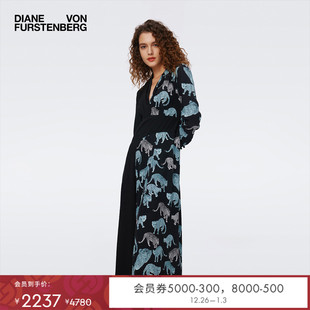 DVF蓝色豹猫动物 纯色拼接连衣裙DL3S053