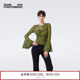 绿色浮动格纹喇叭袖 DVF2026早春新款 上衣BL4T005 弹力网纱