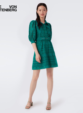 [VIC专享]DVF衬衫裙泡泡袖绣花绿色印花中袖短款连衣裙DS1Q010