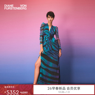 金属蓝黑水墨虎纹连衣裙GL4T005 DVF2026新款 重工金属网纱