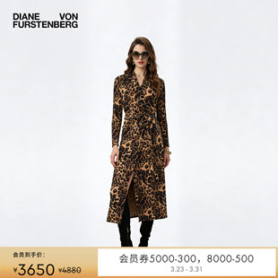 长袖 复古沙漠驼雪花豹纹V领修身 DVF 裹身裙DW3T001S 天丝羊毛