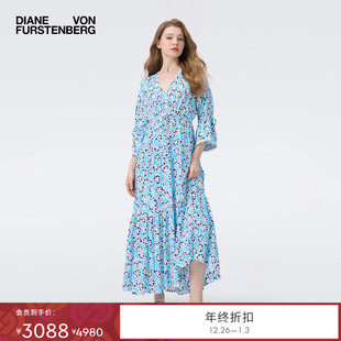DVF2025秋季 连衣裙DL2T012 冰河蓝藤蔓花卉图案七分袖