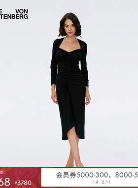 [玫瑰相似款][小黑裙]DVF宴会复古方领轻礼服中长款连衣裙DL1S006
