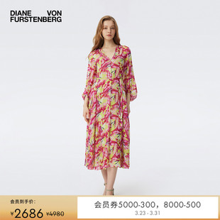 DVF桃心领粉色梦幻羽翼印花休闲宽松度假风长袖 连衣裙DL1T005