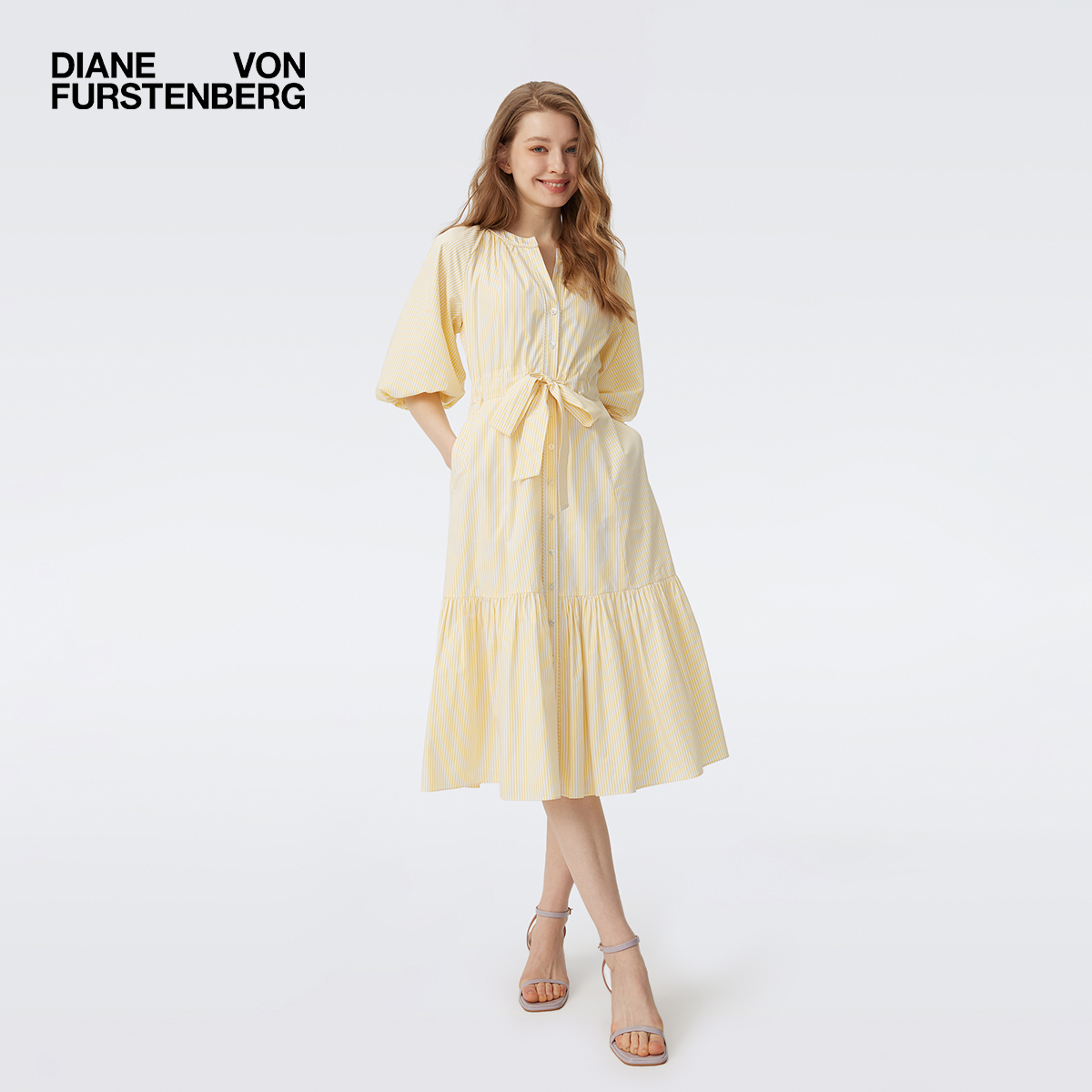 DVF灯笼袖黄白夏日条纹连衣裙