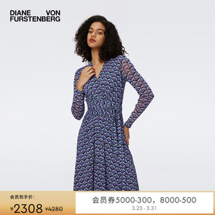 V领茶歇裙蓝色菱形图案弹力网纱裹身连衣裙DW3S001 DVF 弹力网纱