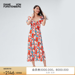 DVF桃心领红绿涂鸦波点抽象印花中长款 连衣裙DS2R008