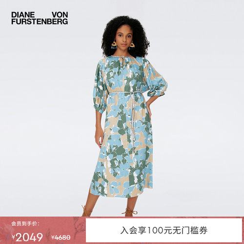 DVF清晨蓝大地花卉圆领连衣裙