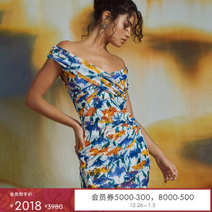 版 DVF一字领度假修身 型植物印花连衣裙DS1S022 博主同款