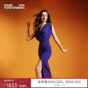 DVF2025新款 连衣裙DS1T027 纯色兰花紫色V领修身