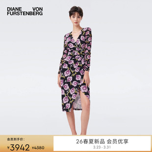 V领黑紫色绽放花朵修身 DVF2026早春新款 连衣裙DL4T020 哑光针织