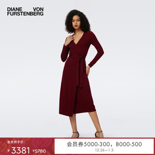 DVF羊毛羊绒裹身裙V领长袖 桑葚红纯色针织连衣裙MR43E00 中长款