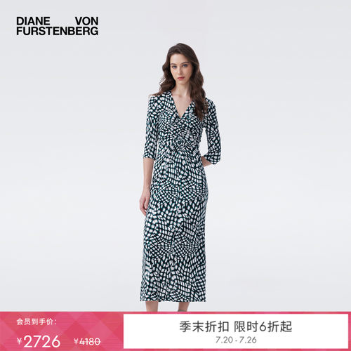 DVF2026春夏新款V领浮动格纹轻薄长袖连衣裙DL4T023