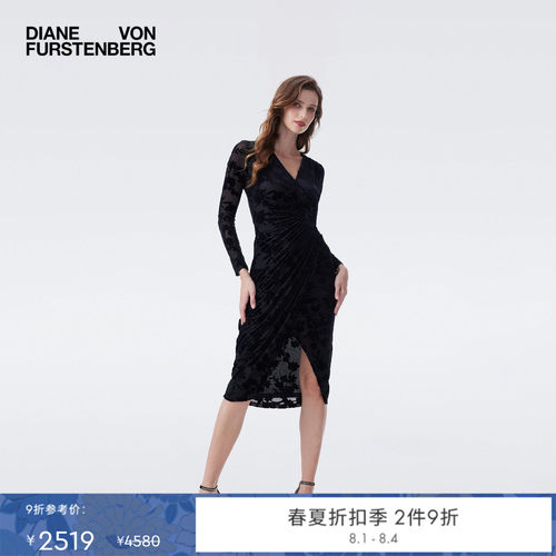 DVF黑色藤蔓丝绒烧花V领连衣裙