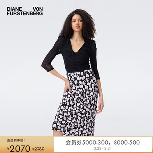 曜石黑V领弹力网纱长袖 DVF打底衫 上衣BL1T010 弹力网纱