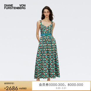 DVF吊带裙绿色碧草绿方格伊甸园几何印花连衣裙DS1S071