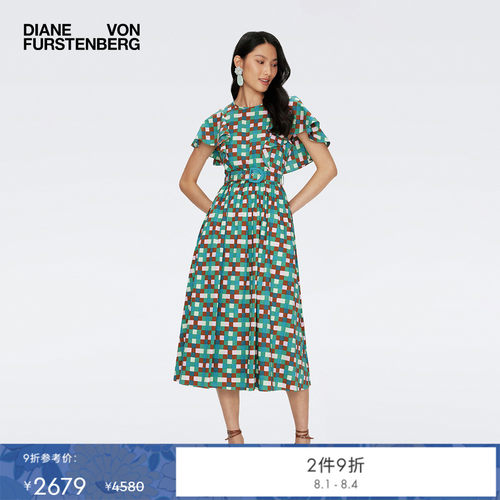 DVF圆领荷叶袖几何印花连衣裙