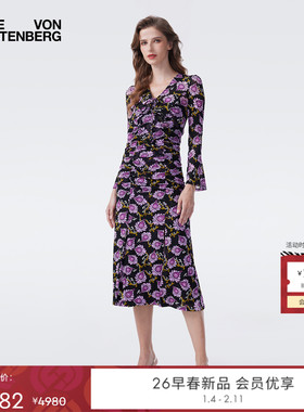 [弹力网纱]DVF2026早春度假系列花朵喇叭袖修身连衣裙DL4T005