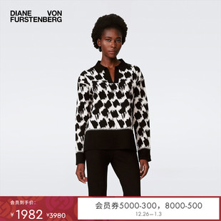 黑白色艺术笔刷图案POLO领针织上衣WL4S002 DVF2025新款 提花工艺