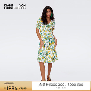 DVF茶歇裙植物印花复古绉纱碎花裙度假连衣裙DS2S002