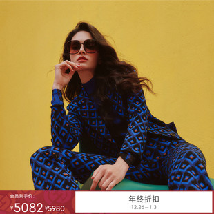 针织提花蓝色菱格纹西装 DVF2025秋冬新款 短外套JN3T002 提花工艺