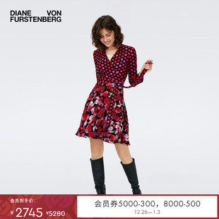 DVF红裙度假V领A字裙波点植物印花拼接裹身连衣裙DW4R012