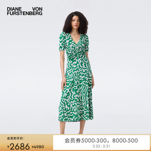 DVF度假V领茶歇裙双面印花弹力网纱连衣裙DS1T026 双面穿