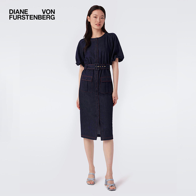 DVF牛仔蓝色圆领牛仔裙连衣裙