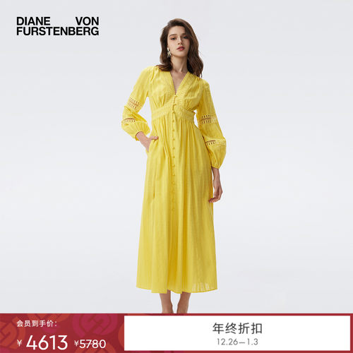 DVF阳关黄蕾丝拼接茶歇裙