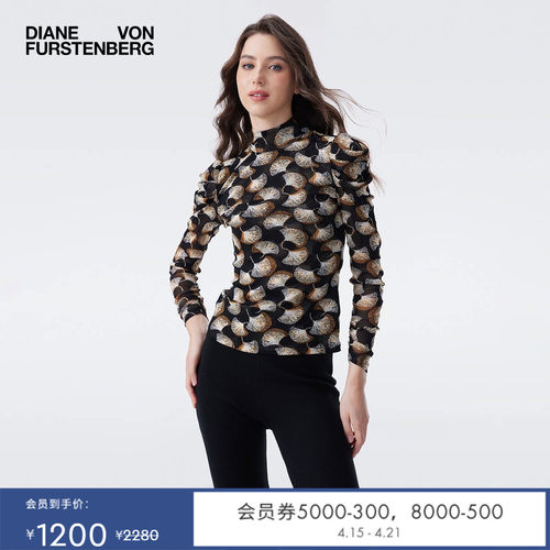 [弹力网纱]DVF打底衫半高领植物印花弹力网纱上衣BL3T005