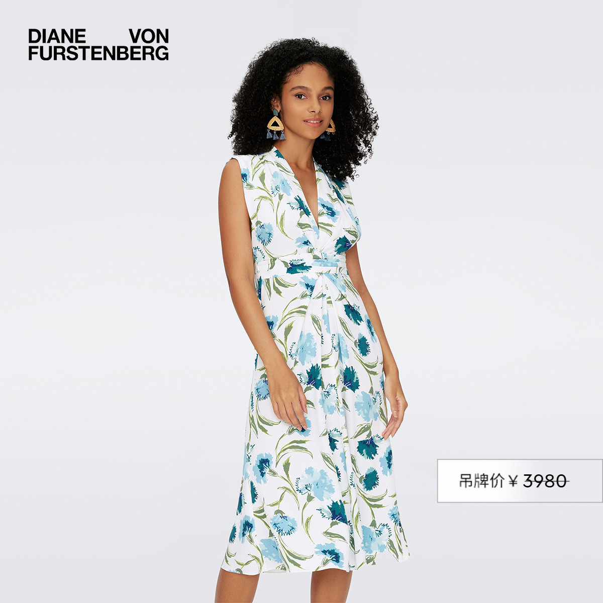 DVF蓝绿缤纷花影V领连衣裙