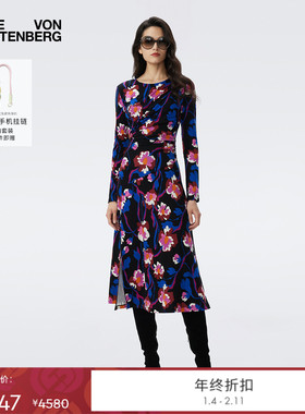 [天丝羊毛]DVF2025秋冬彩色浮动花朵天丝羊毛长袖连衣裙DL3T002